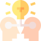 Teamwork concept with two people connecting ideas through a lightbulb symbol.