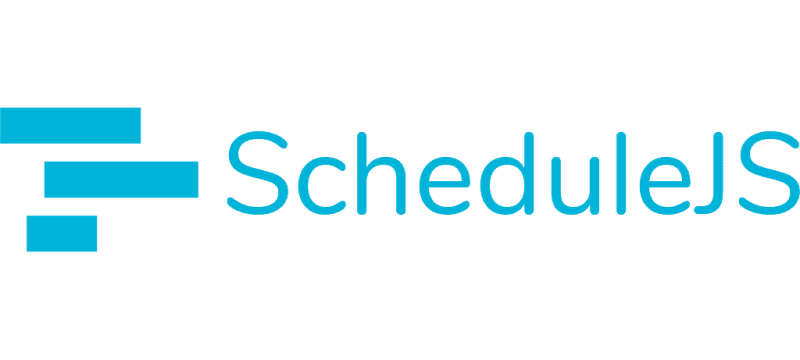 ScheduleJS logo with scheduling interface and calendar features.